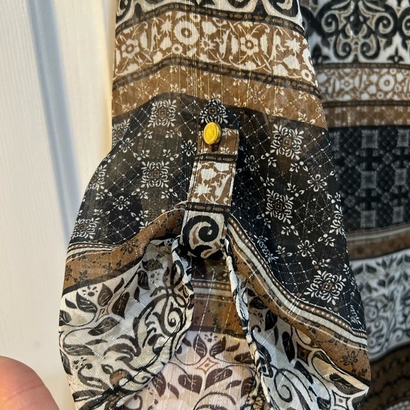 Women's Semi Sheer Fall Boho Print Blouse Size L Hippie Cottage Casual Metallic - Picture 6 of 9